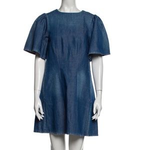 Co. flutter sleeve crew neck chambray denim a-line dress in blue linen blend